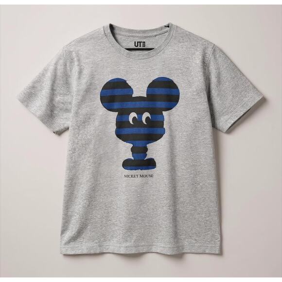 Uniqlo Gray Mickey Mouse Striped Graphic Tee Soft Cotton Disney Shirt Unisex - Picture 1 of 9